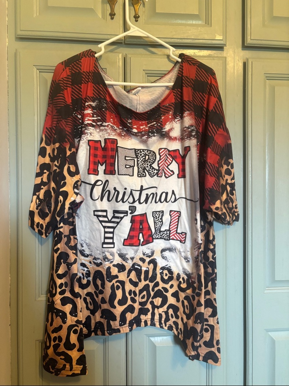 Merry Christmas Y'all womansHoliday Tunic - Red Plaid & Leopard